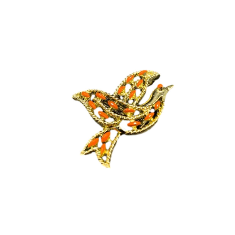 𝅺70s Peace Dove Orange Enamel Signed GERRY'S Brooch Pin Gold Tone